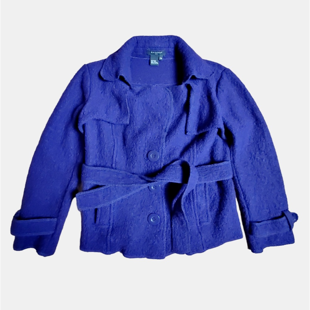 Sandro Womens Purple Boiled Wool Belted Pea Coat Jacket Petite Size PM